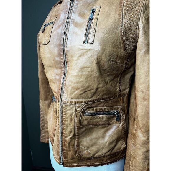 Gipsy Womens Full Zip Pocket Brown Leather Boho Biker Jacket READ BELOW - Picture 3 of 12